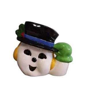 Snowman Ceramic Head Tipping His Black Top Hat Vintage